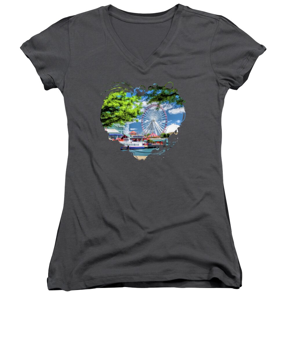 Chicago Women's V-Neck featuring the painting Chicago Navy Pier Tour Boats by Christopher Arndt