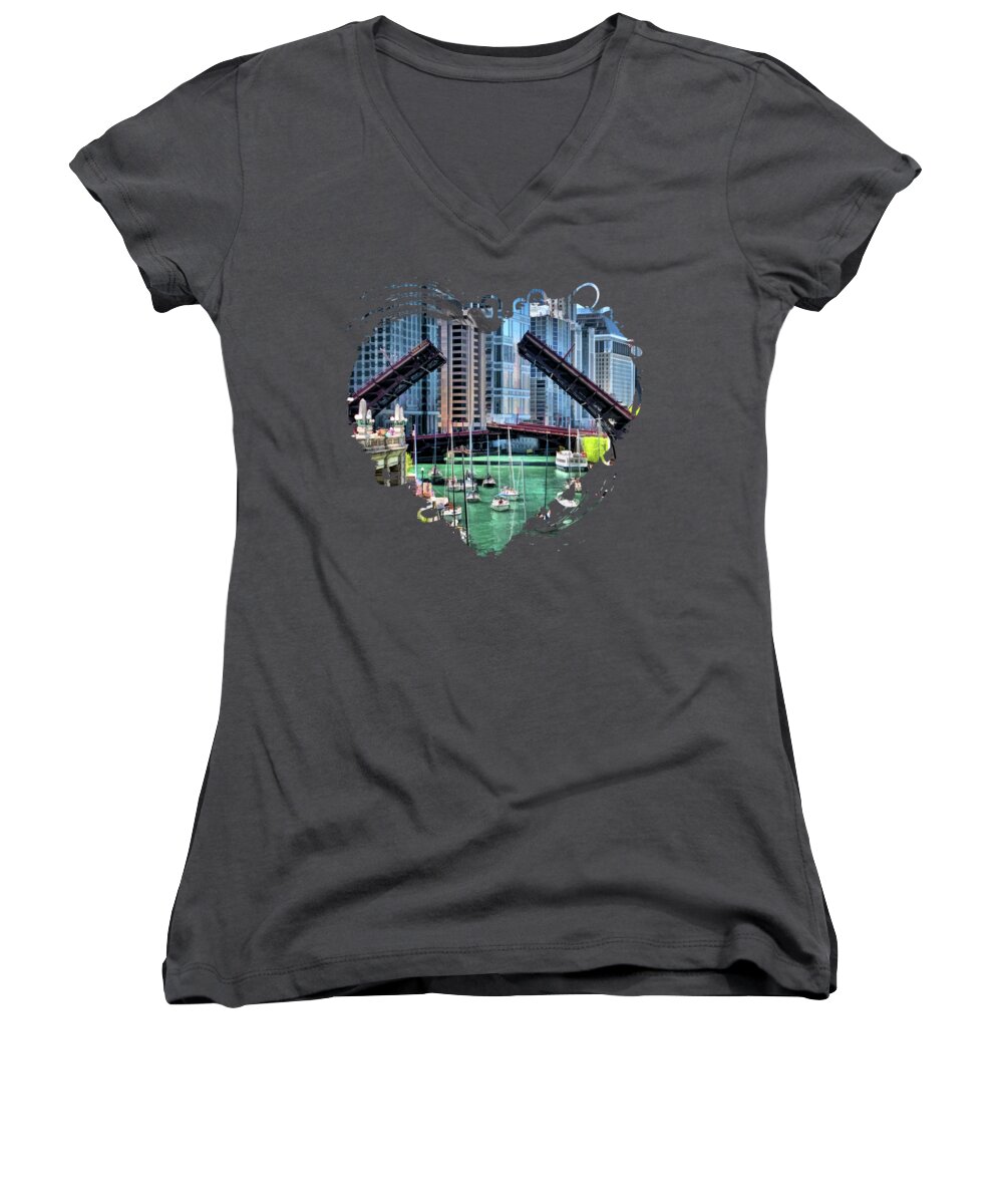 Boat Women's V-Neck featuring the painting Chicago River Boat Migration by Christopher Arndt