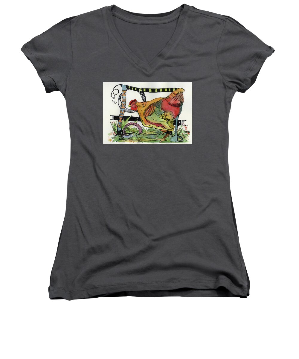 Chicken Women's V-Neck featuring the painting Chicken by Joan Chlarson