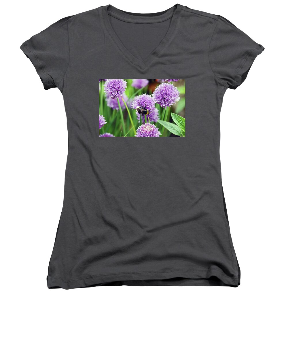 Chorley Women's V-Neck featuring the photograph  CHORLEY. Picnic In The Park. Bee In The Chives. by Lachlan Main