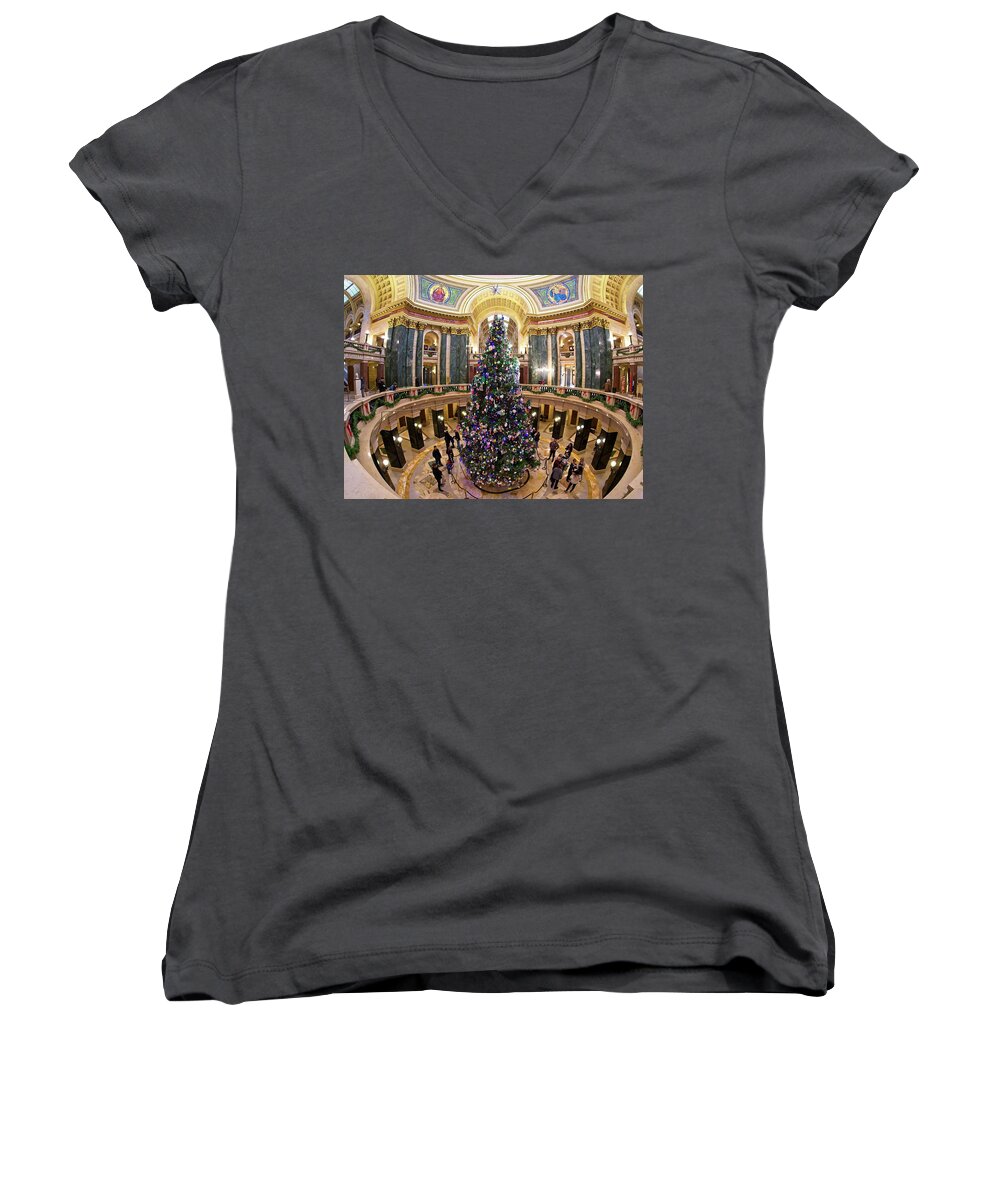 Madison Women's V-Neck featuring the photograph Christmas Tree -Capitol - Madison - Wisconsin 1 by Steven Ralser