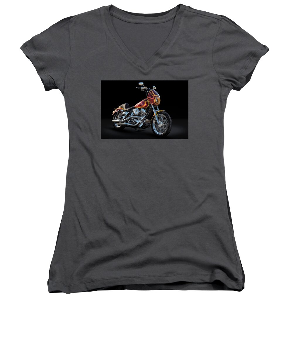 Harley Women's V-Neck featuring the photograph Chuck and Sherry's FXRE by Andy Romanoff