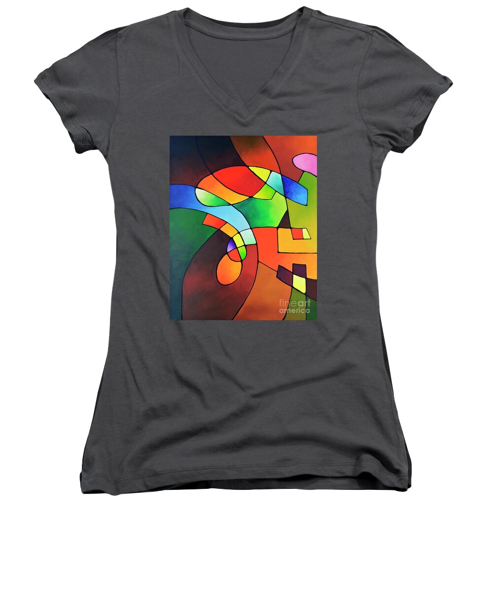 Geometric Art Women's V-Neck featuring the painting Clear Focus 2, Canvas One by Sally Trace