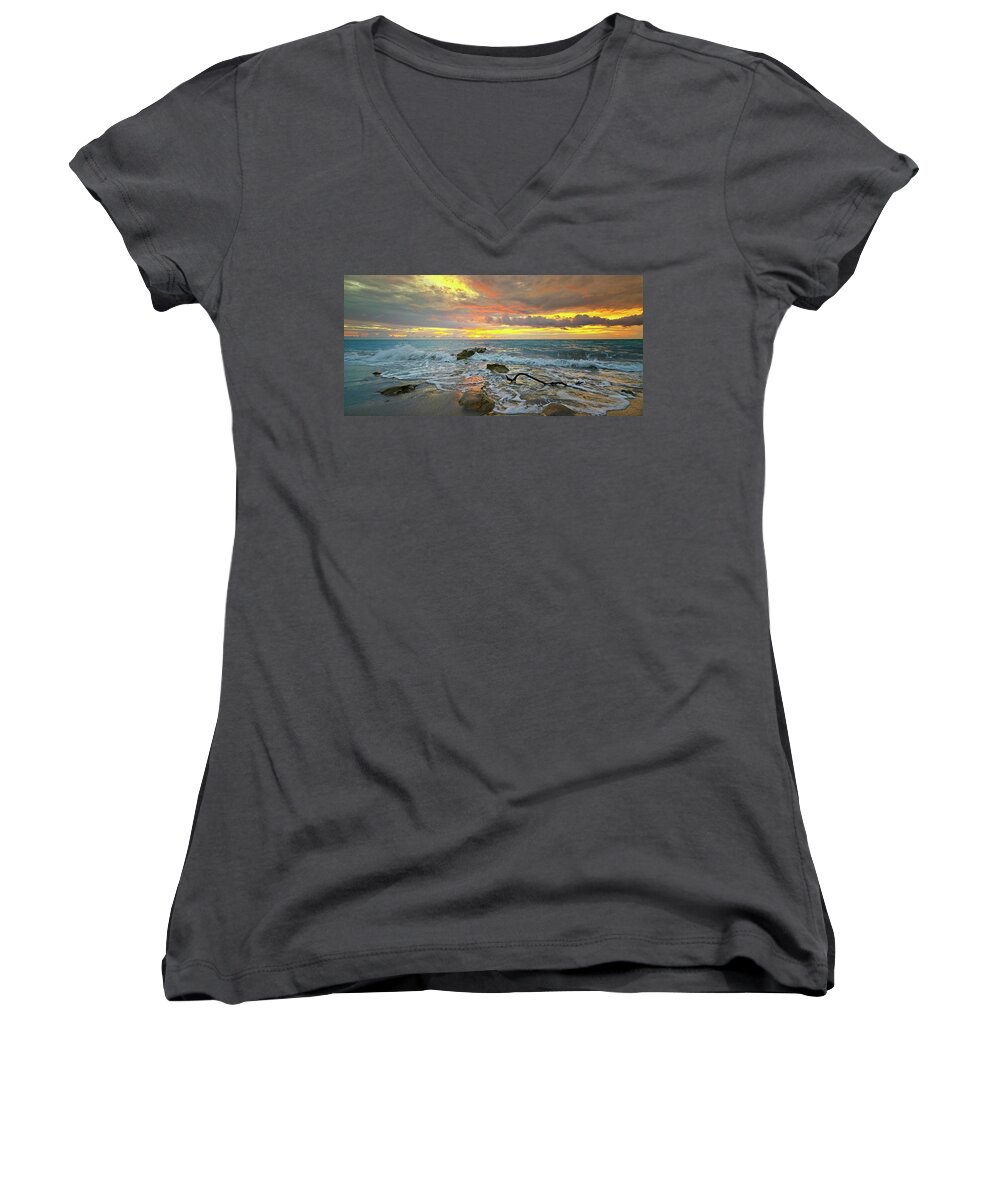 Carlin Park Women's V-Neck featuring the photograph Colorful Morning Sky and Sea by Steve DaPonte