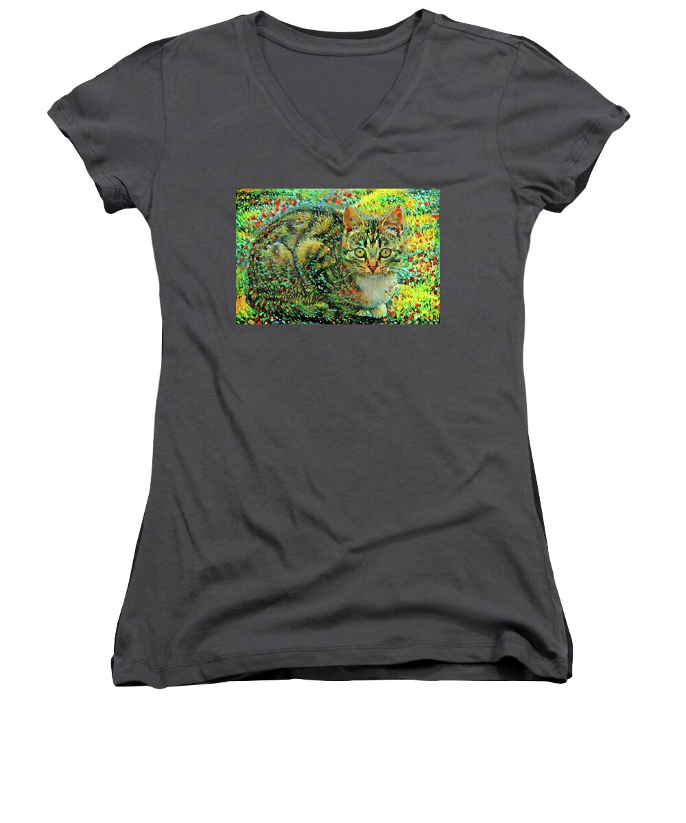 Tabby Cat Women's V-Neck featuring the digital art Colorful Tabby Cat Art by Peggy Collins