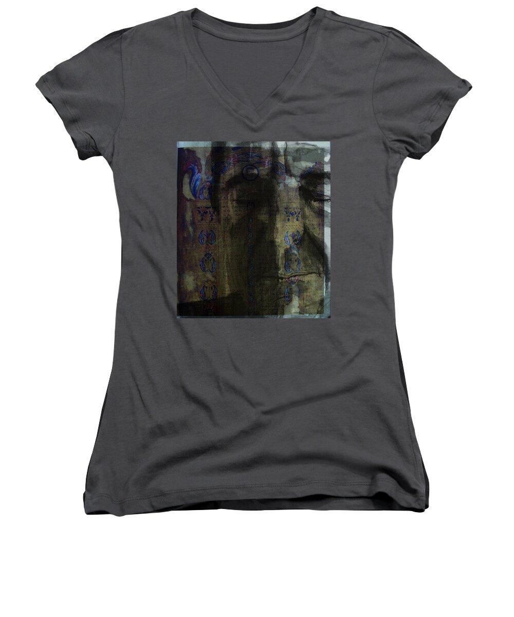 Leonard Cohen Women's V-Neck featuring the mixed media Come Over To The Window My Little Darling - Leonard Cohen by Paul Lovering