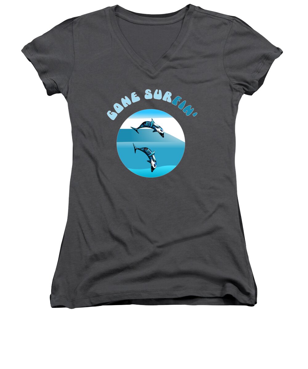 Dolphins Women's V-Neck featuring the digital art Dolphins Surfing with Text Gone Surfing by Barefoot Bodeez Art