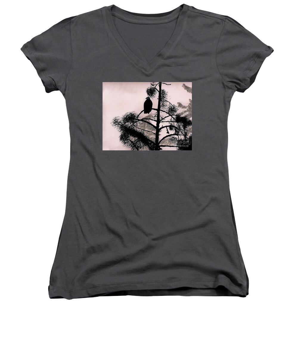 Eagle Women's V-Neck featuring the drawing Eagle in Pink Sky by D Hackett