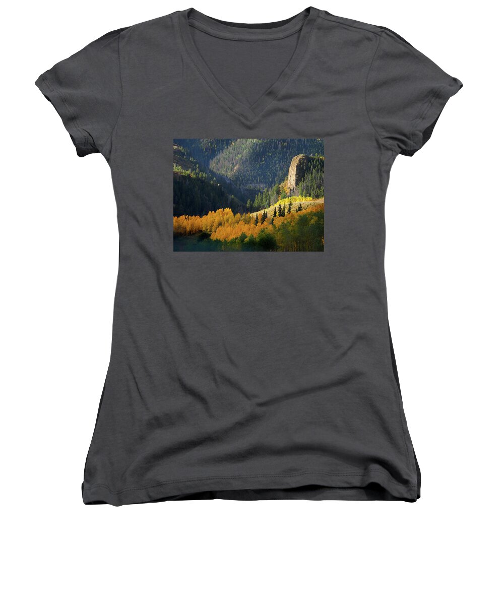 Aspens Women's V-Neck featuring the photograph Early Morning Light by Johnny Boyd