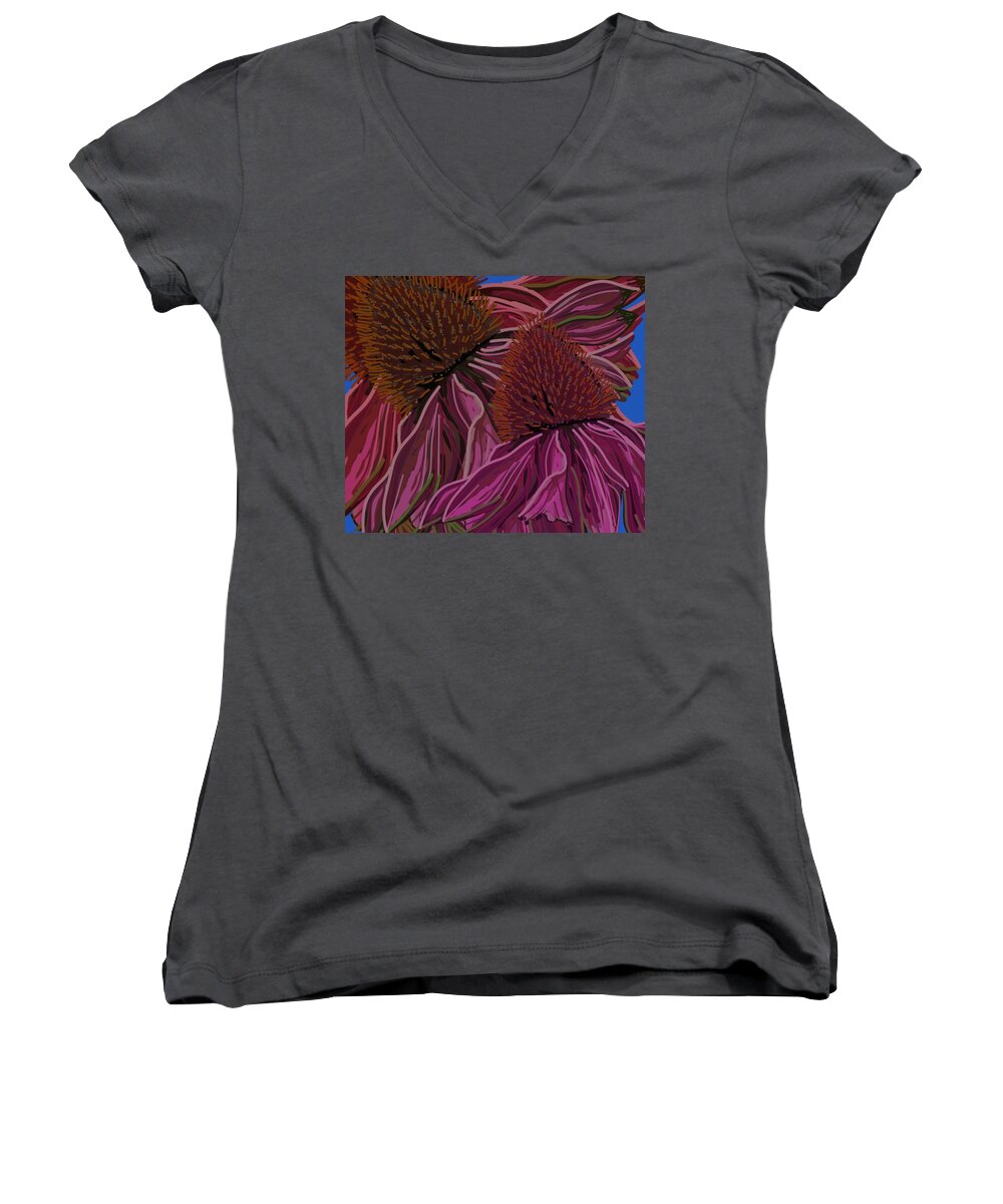 Echinacea Flower Women's V-Neck featuring the drawing Echinacea Flower Blues by Joan Stratton