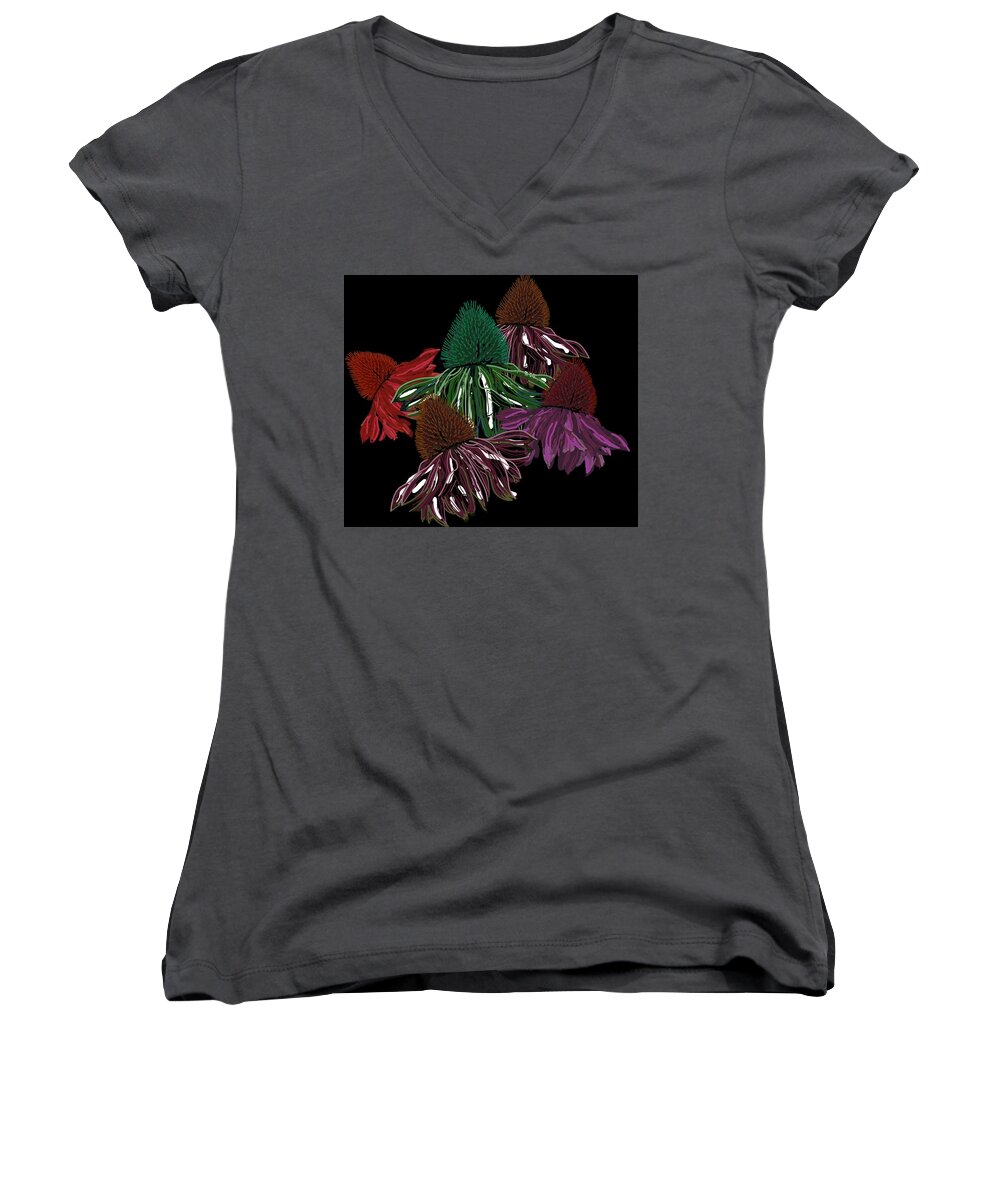 Echinacea Flower Women's V-Neck featuring the drawing Echinacea Flowers With Black by Joan Stratton