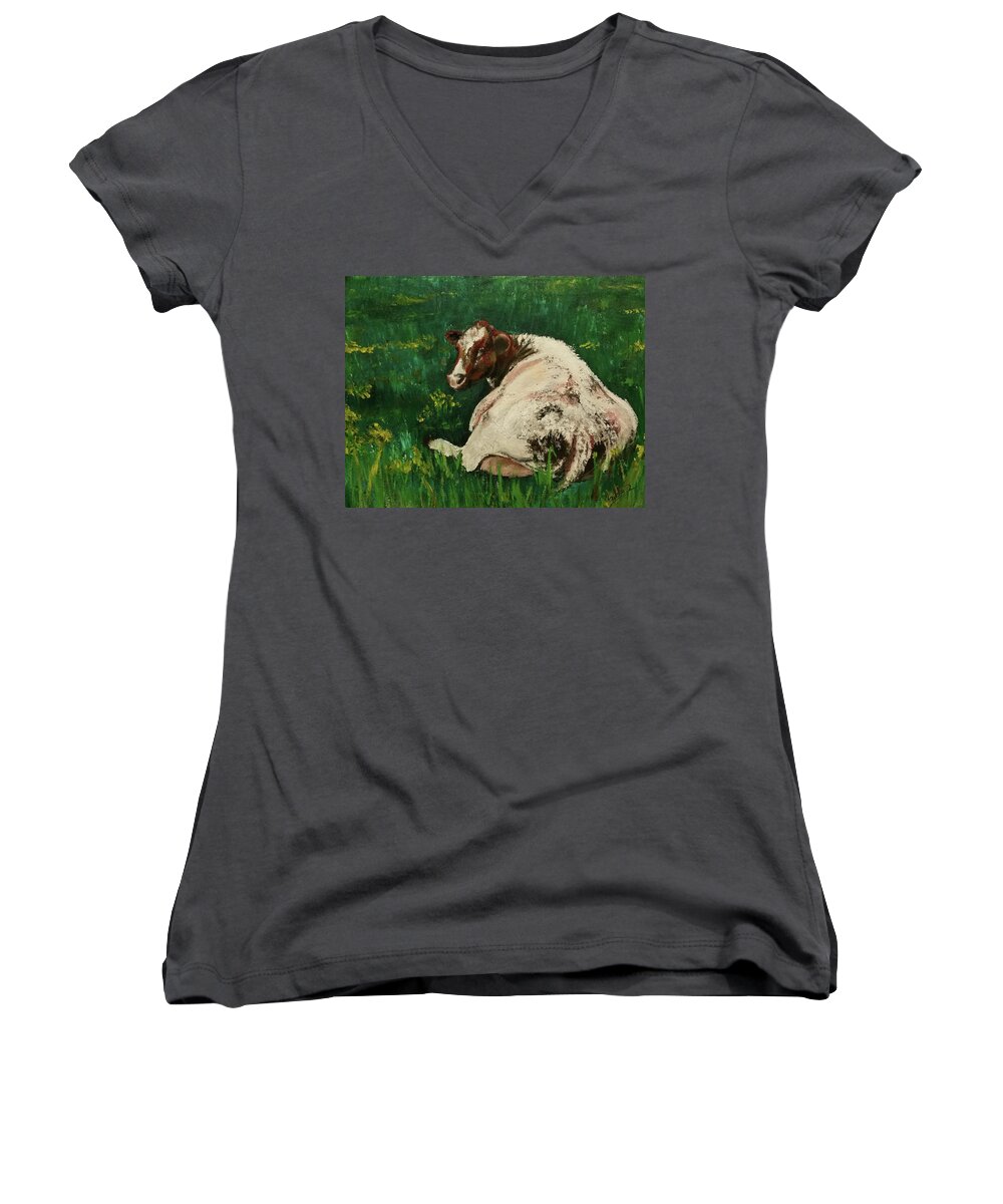 Cow Women's V-Neck featuring the painting Elise Reclining by Abbie Shores