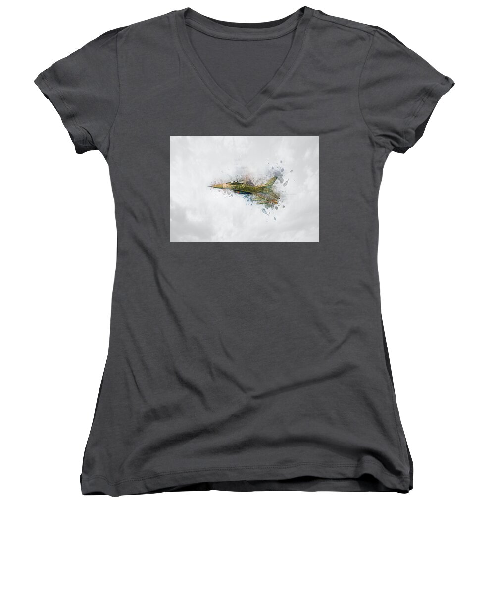 Aircraft Women's V-Neck featuring the drawing F16 Fighting Falcon by Ian Mitchell