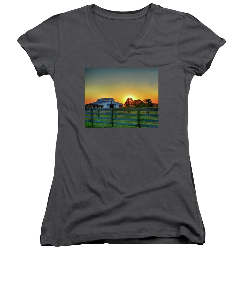 Farm Women's V-Neck featuring the photograph Farm Sunset by Michael Frank