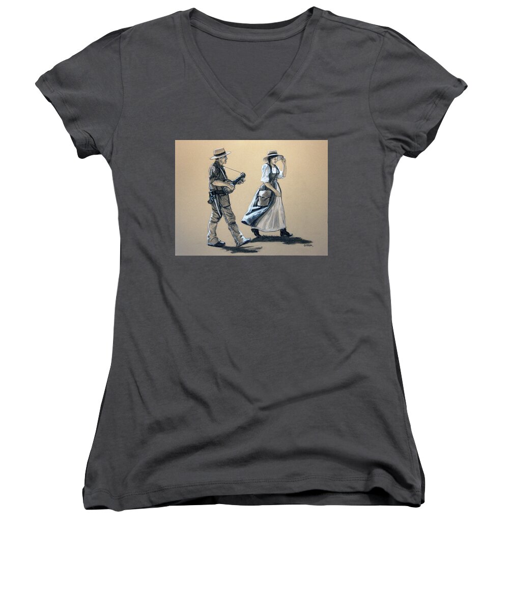 Buckskinner Women's V-Neck featuring the drawing Fiddler's Daughter by Todd Cooper