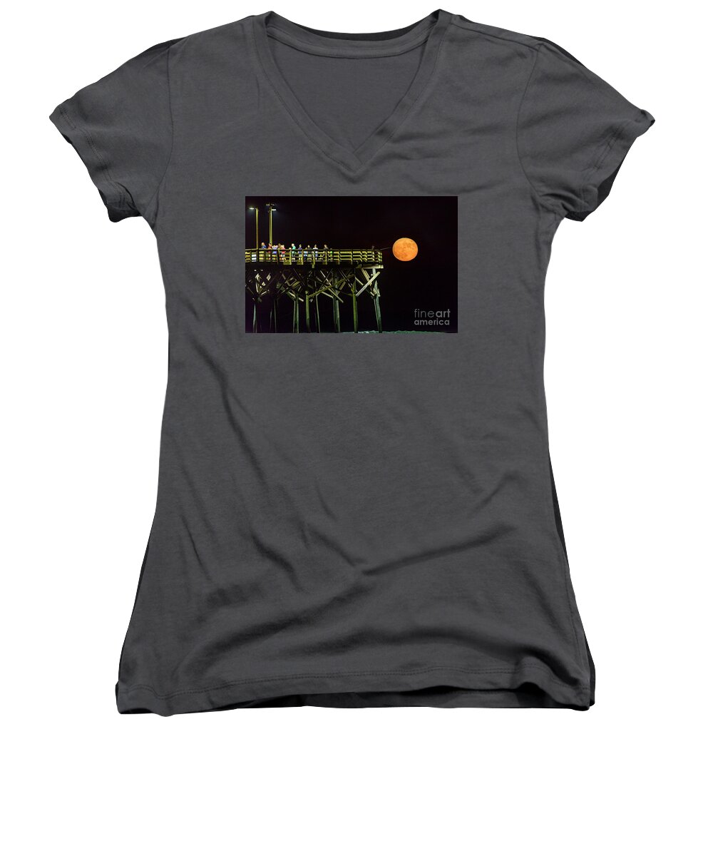 Surf City Women's V-Neck featuring the photograph Fishing for the Moon by DJA Images