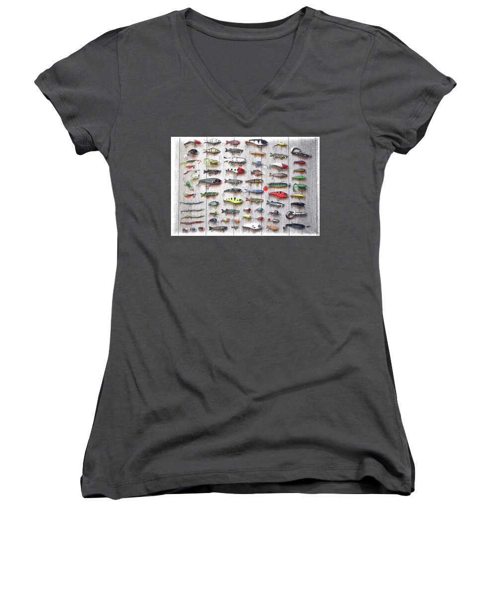 Fishing Women's V-Neck featuring the drawing Fishing Lures - DWP2669219 by Dean Wittle