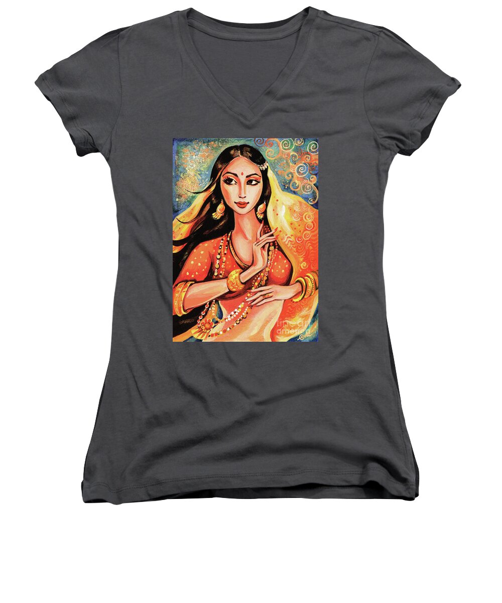 Indian Dancer Women's V-Neck featuring the painting Flame by Eva Campbell