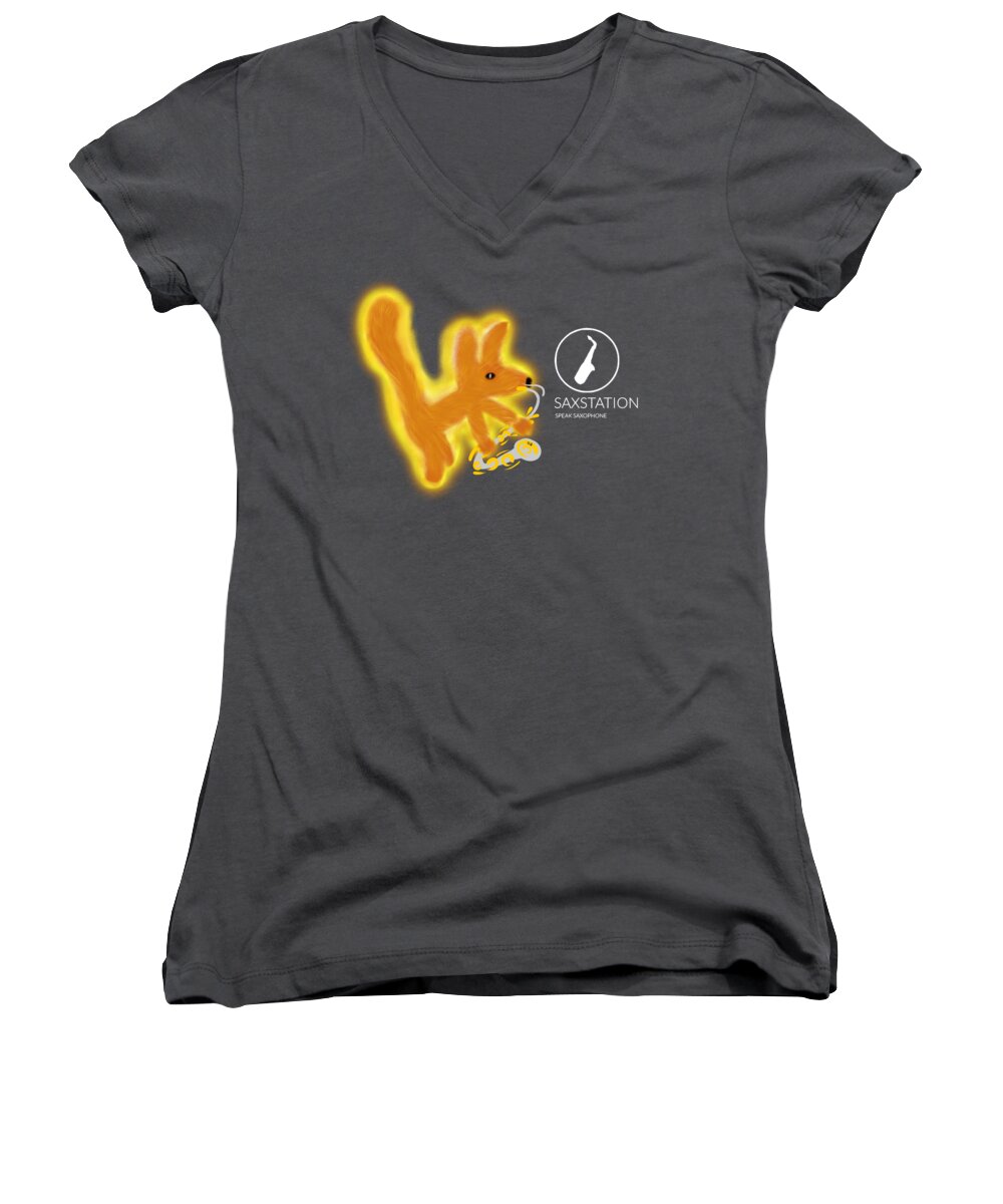 Fox Women's V-Neck featuring the digital art Fox on sax for shirt by Neal Battaglia