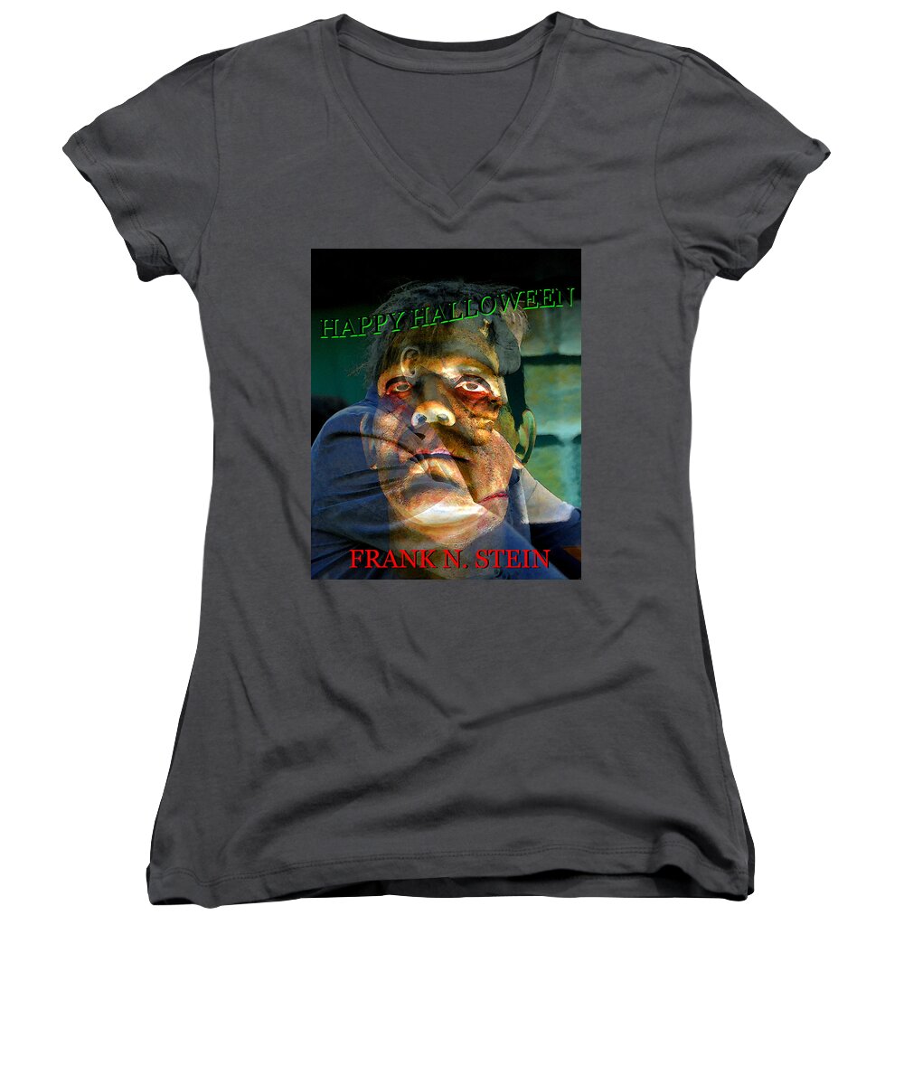 Frankenstein Women's V-Neck featuring the mixed media Frank N. Stein custom card by David Lee Thompson