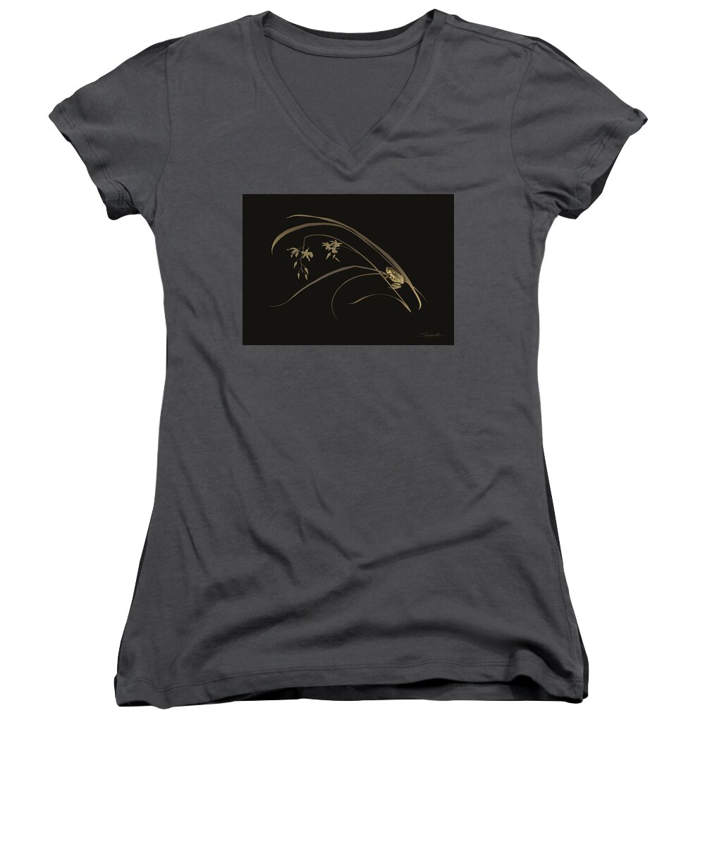 Asian Women's V-Neck featuring the digital art Frog and Orchid by M Spadecaller