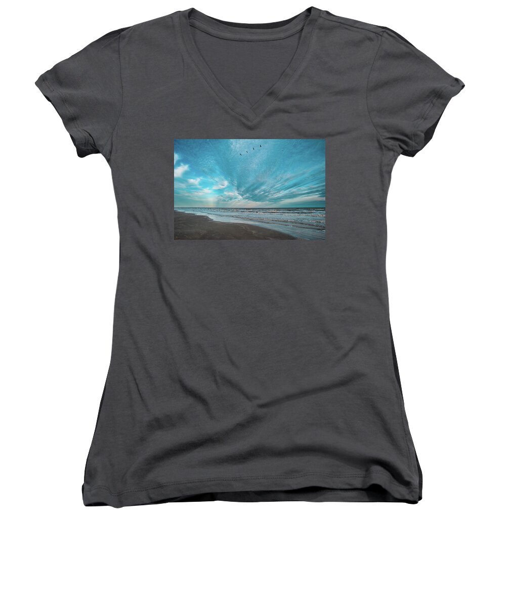 Galveston Island State Park Women's V-Neck featuring the photograph Galveston Island First Light by Jeff Phillippi