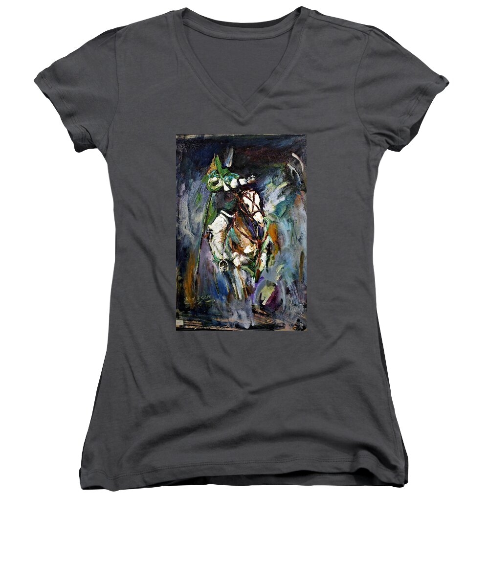 Horse Women's V-Neck featuring the painting Game of skills by Khalid Saeed