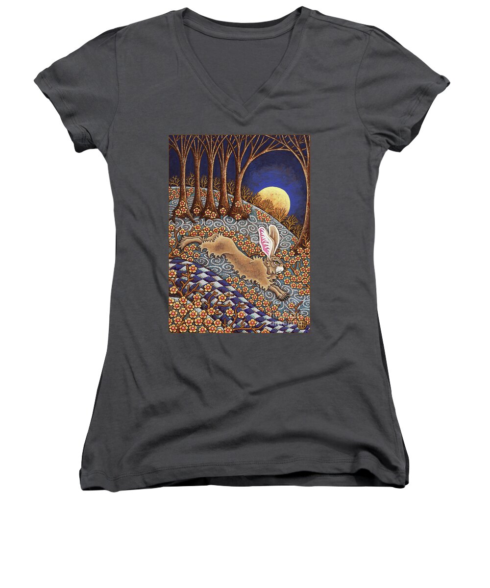 Hare Women's V-Neck featuring the painting Golden Moonlight Gallop by Amy E Fraser