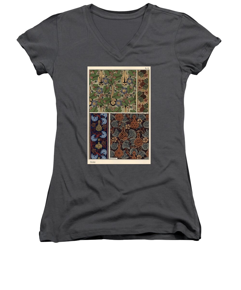 1841-1917 Women's V-Neck featuring the drawing Gourd in fabric and wallpaper patterns. by Album