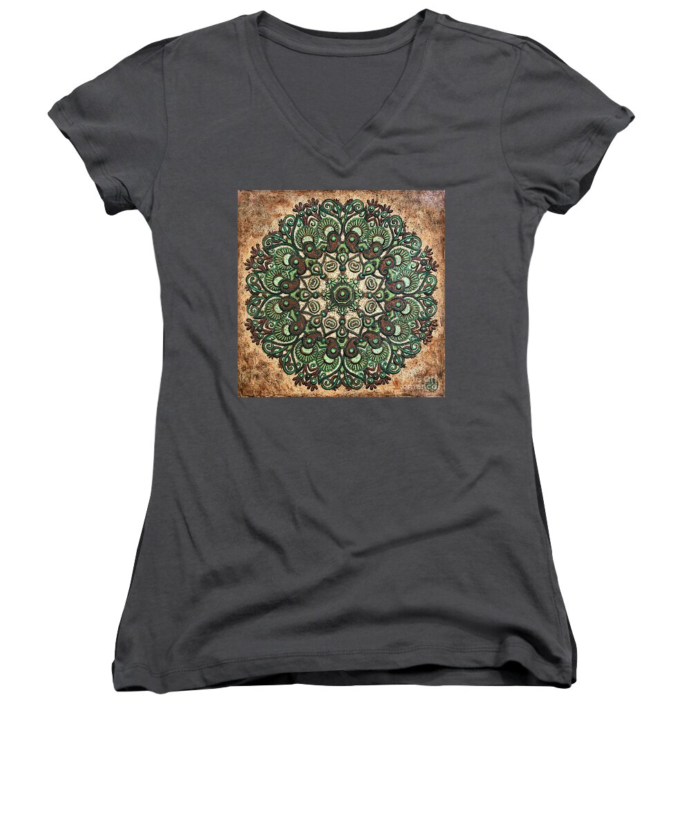 Mandala Women's V-Neck featuring the painting Green Mandala by Amy E Fraser