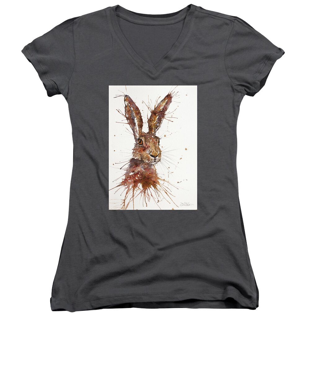 Hare Women's V-Neck featuring the painting Hare Portrait by John Silver