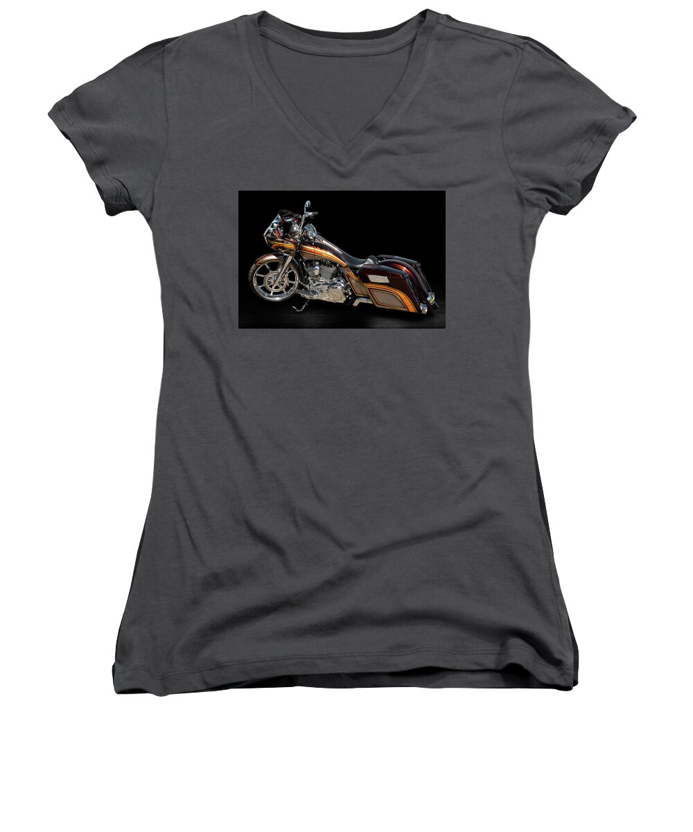 Harley Women's V-Neck featuring the photograph Harley, chrome and bags by Andy Romanoff
