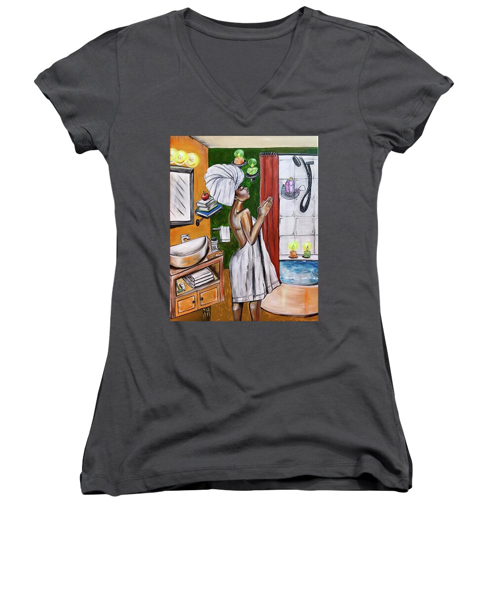 Prayed Women's V-Neck featuring the painting Her Prayer by Artist RiA