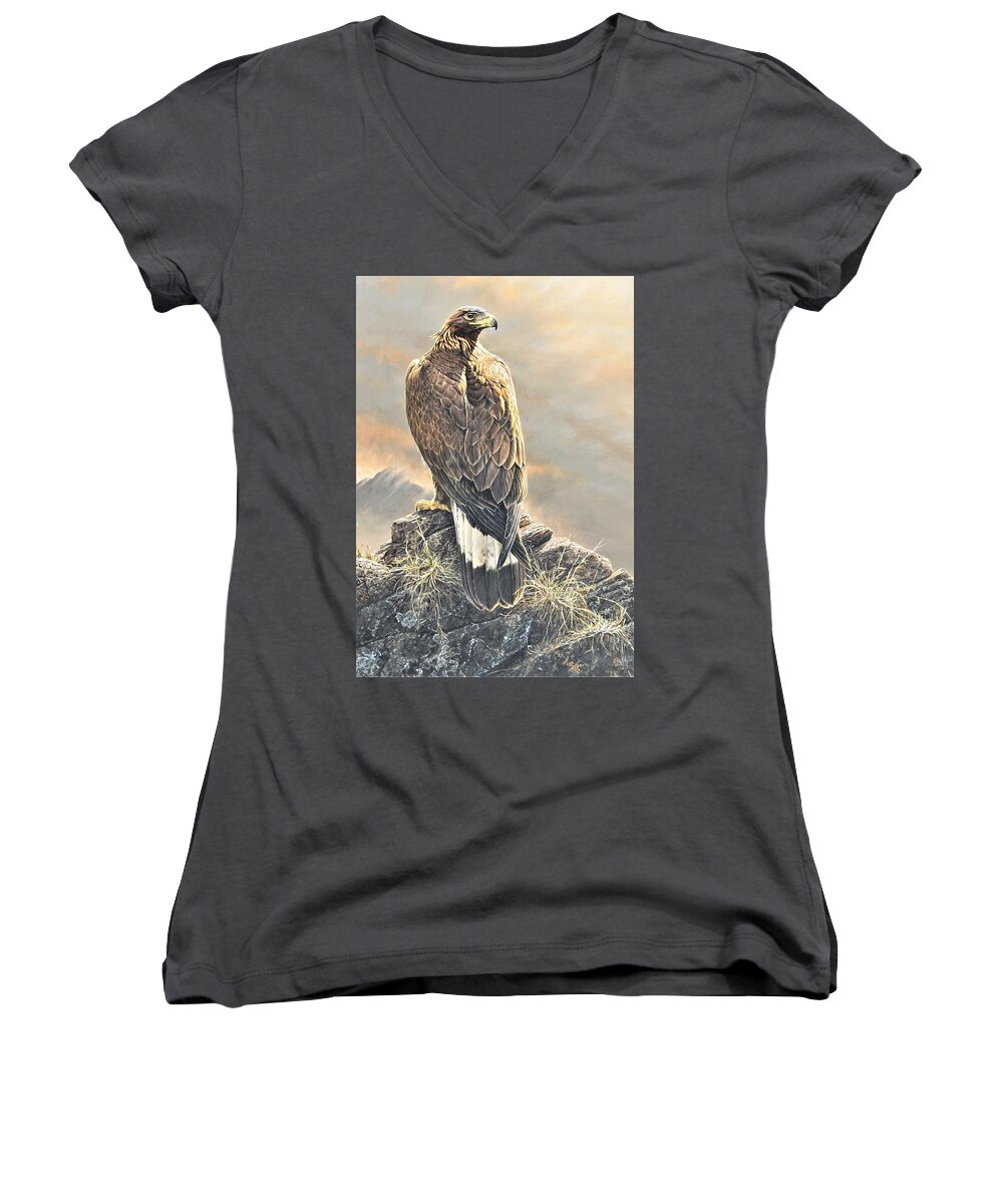Paintings Women's V-Neck featuring the painting Highlander - Golden Eagle by Alan M Hunt