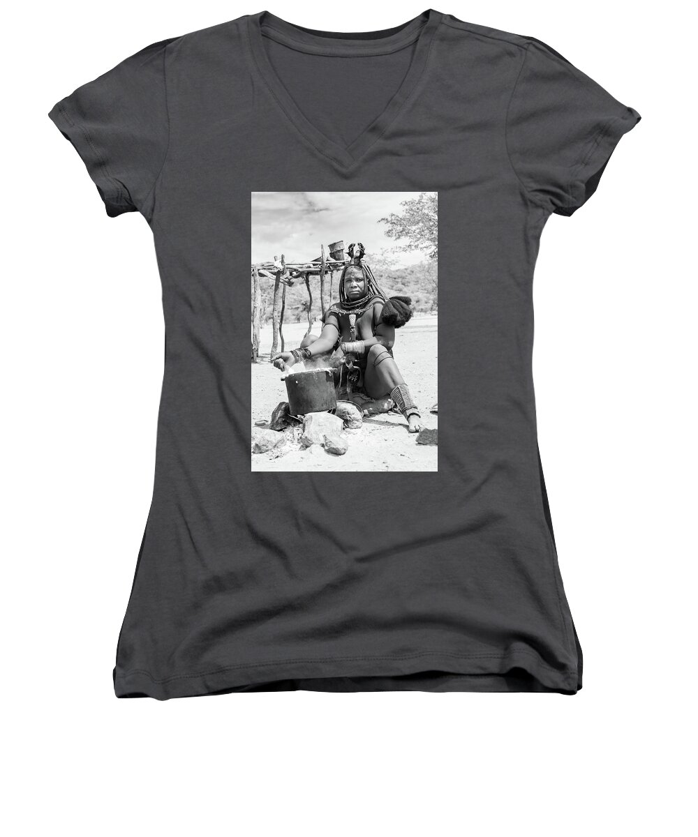 Portrait Women's V-Neck featuring the photograph Himba woman cooking by Mache Del Campo