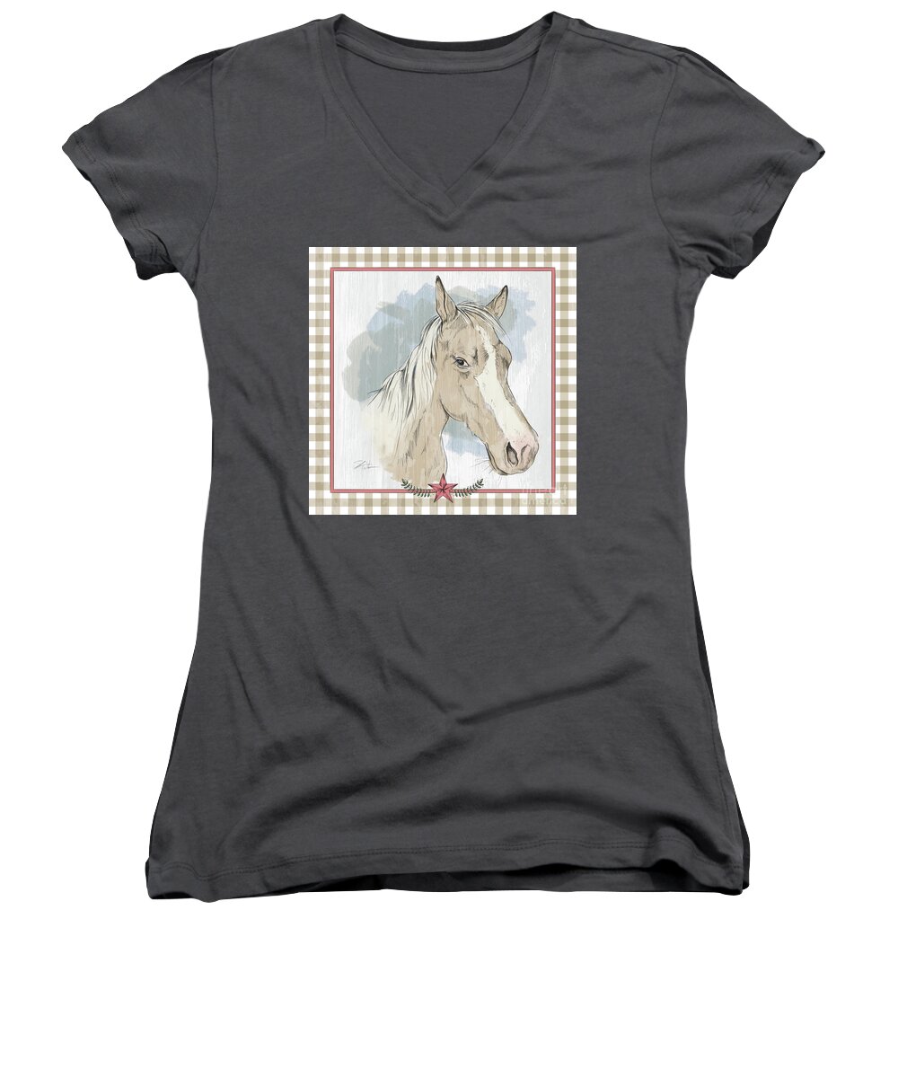 Horse Women's V-Neck featuring the mixed media Horse Portrait-Farm Animals by Shari Warren