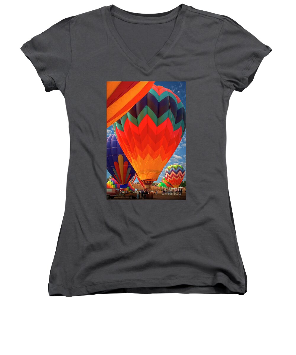 Up And Away Women's V-Neck featuring the photograph Hot Air Balloons Vertical by David Zanzinger