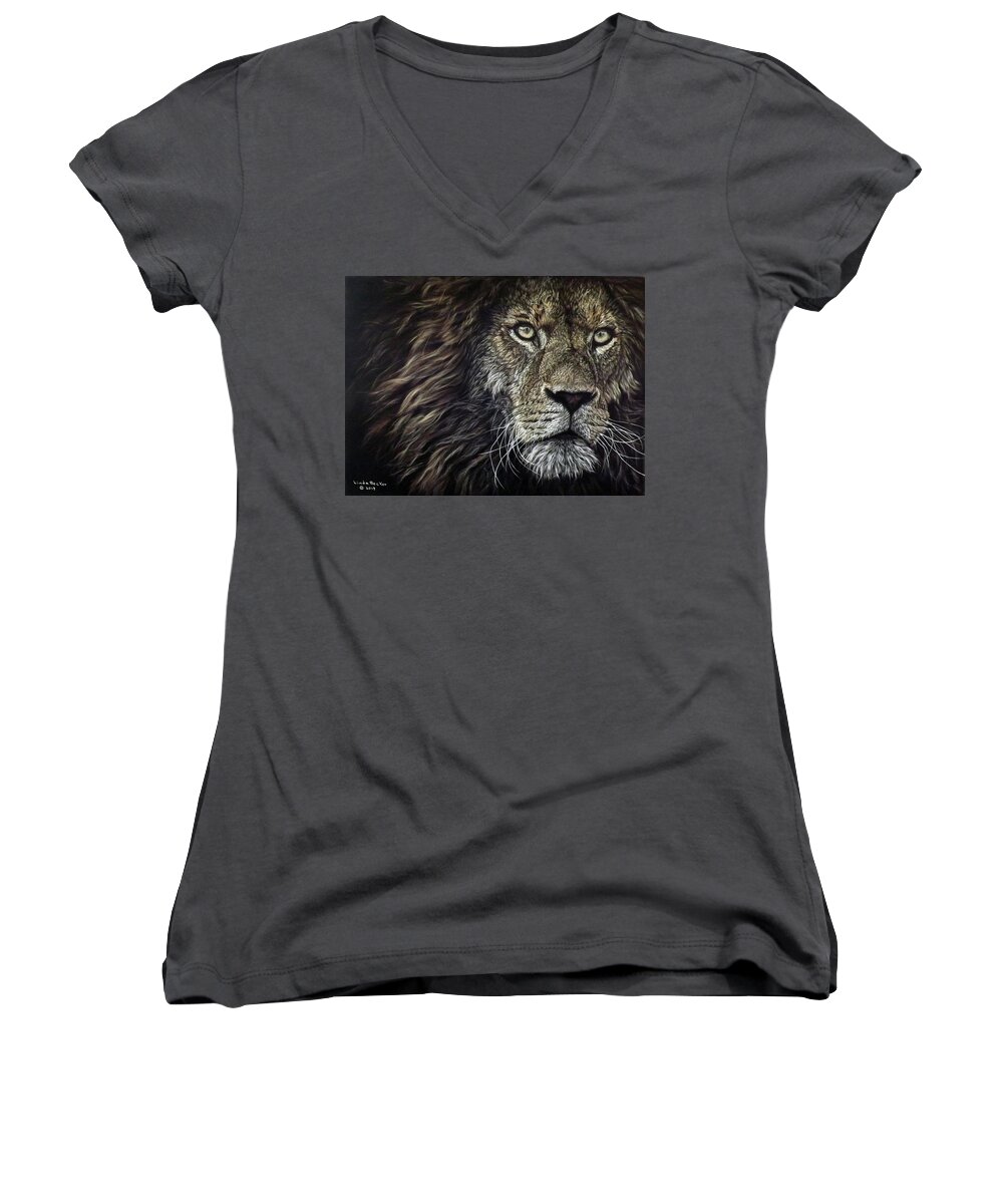 Lion Women's V-Neck featuring the pastel I Am King by Linda Becker