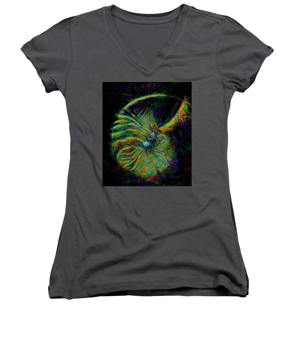 Modern Abstract Art Women's V-Neck featuring the drawing I Can Hear the Sea Shell Echoing Light by Joan Stratton
