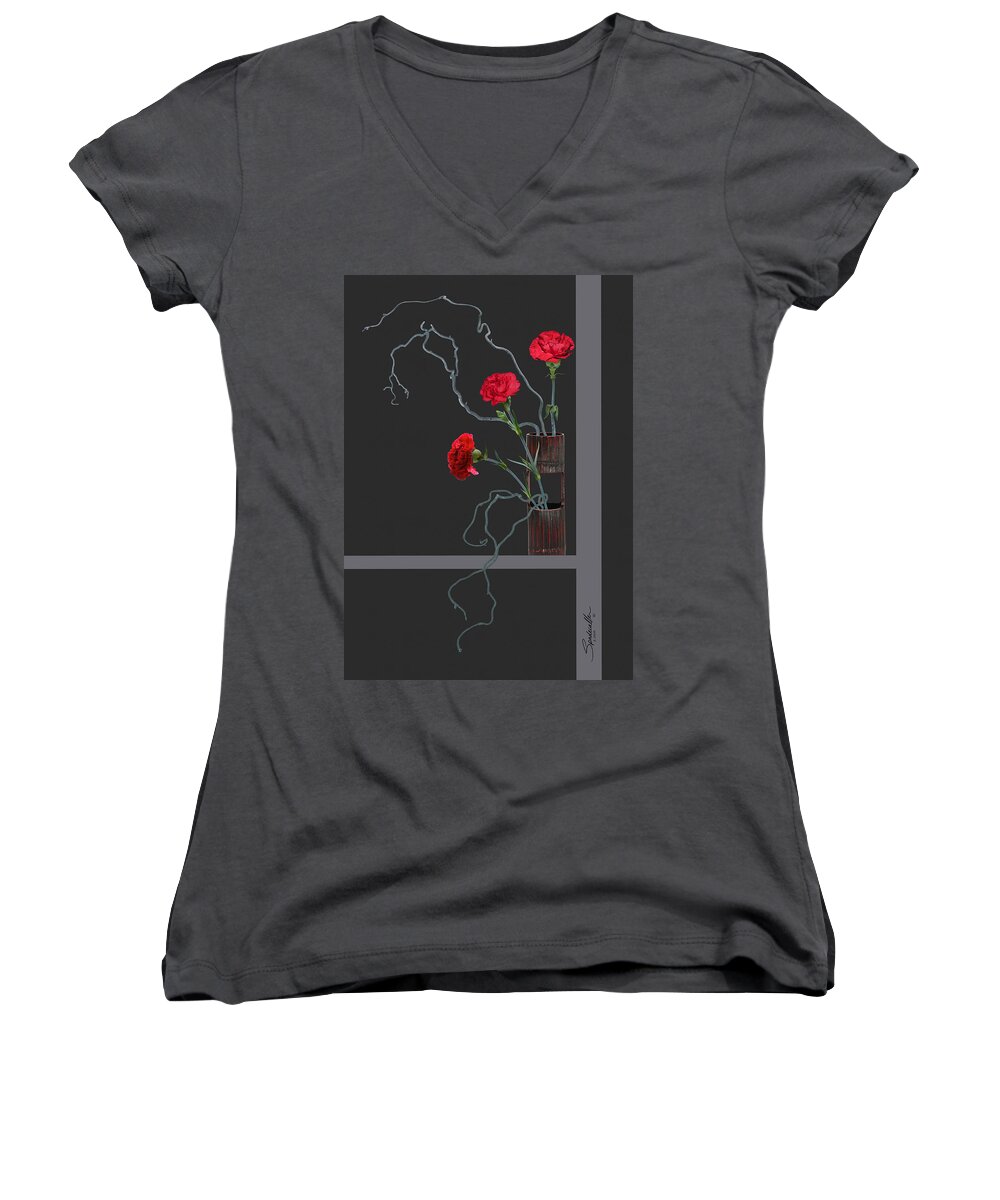 Carnation Women's V-Neck featuring the mixed media Red Carnations and Bamboo Vase by M Spadecaller