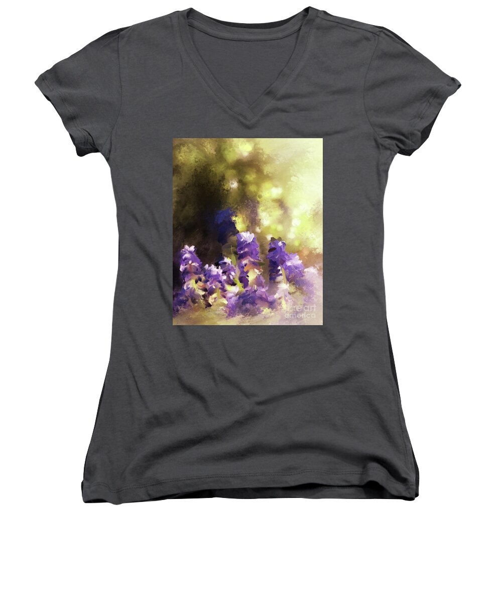 Muscari Women's V-Neck featuring the digital art Impressions of Muscari by Lois Bryan