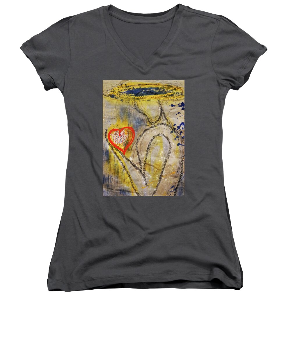 Golden Women's V-Neck featuring the mixed media In the Golden age of Love and lies by Giorgio Tuscani