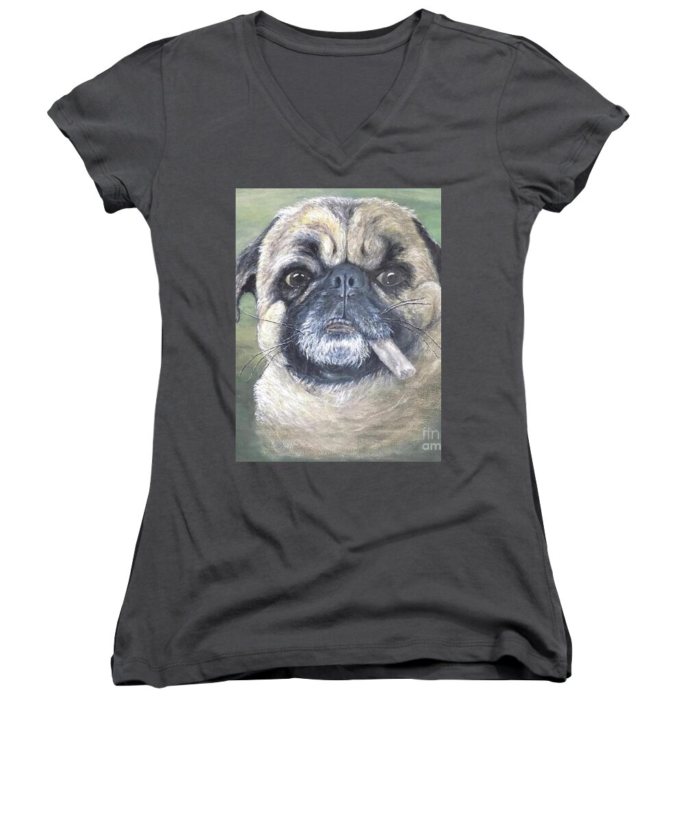 Dog Women's V-Neck featuring the painting It's My Stick by Judy Kirouac