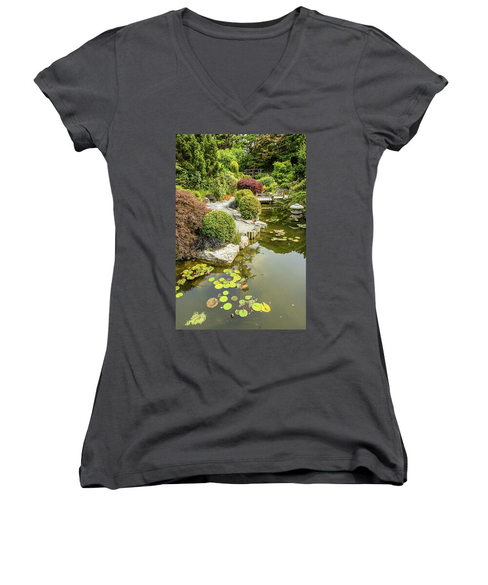 Landscapes Women's V-Neck featuring the photograph Japanese Garden-1 by Claude Dalley