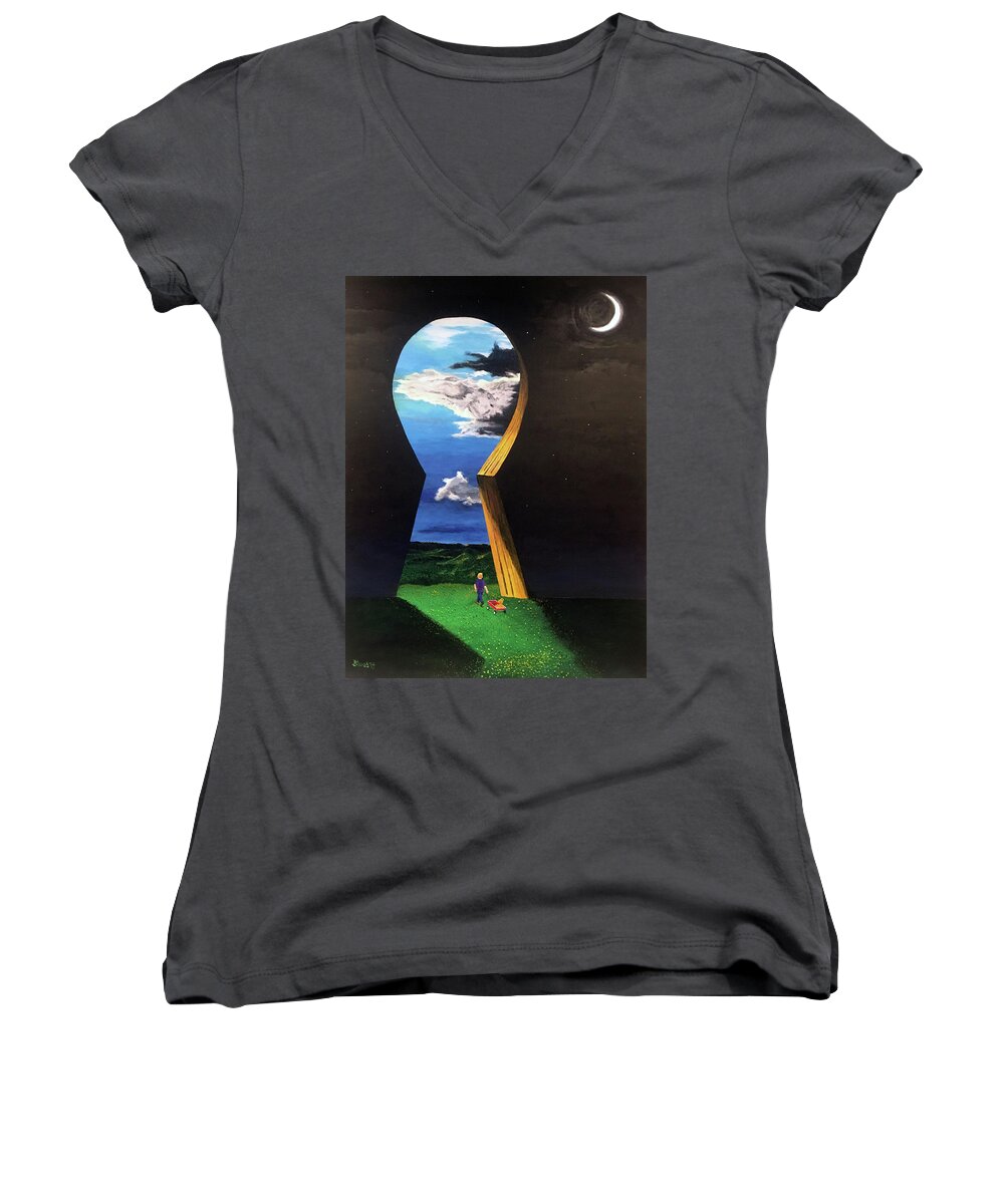 Young Boy Women's V-Neck featuring the painting Key To Success by Thomas Blood
