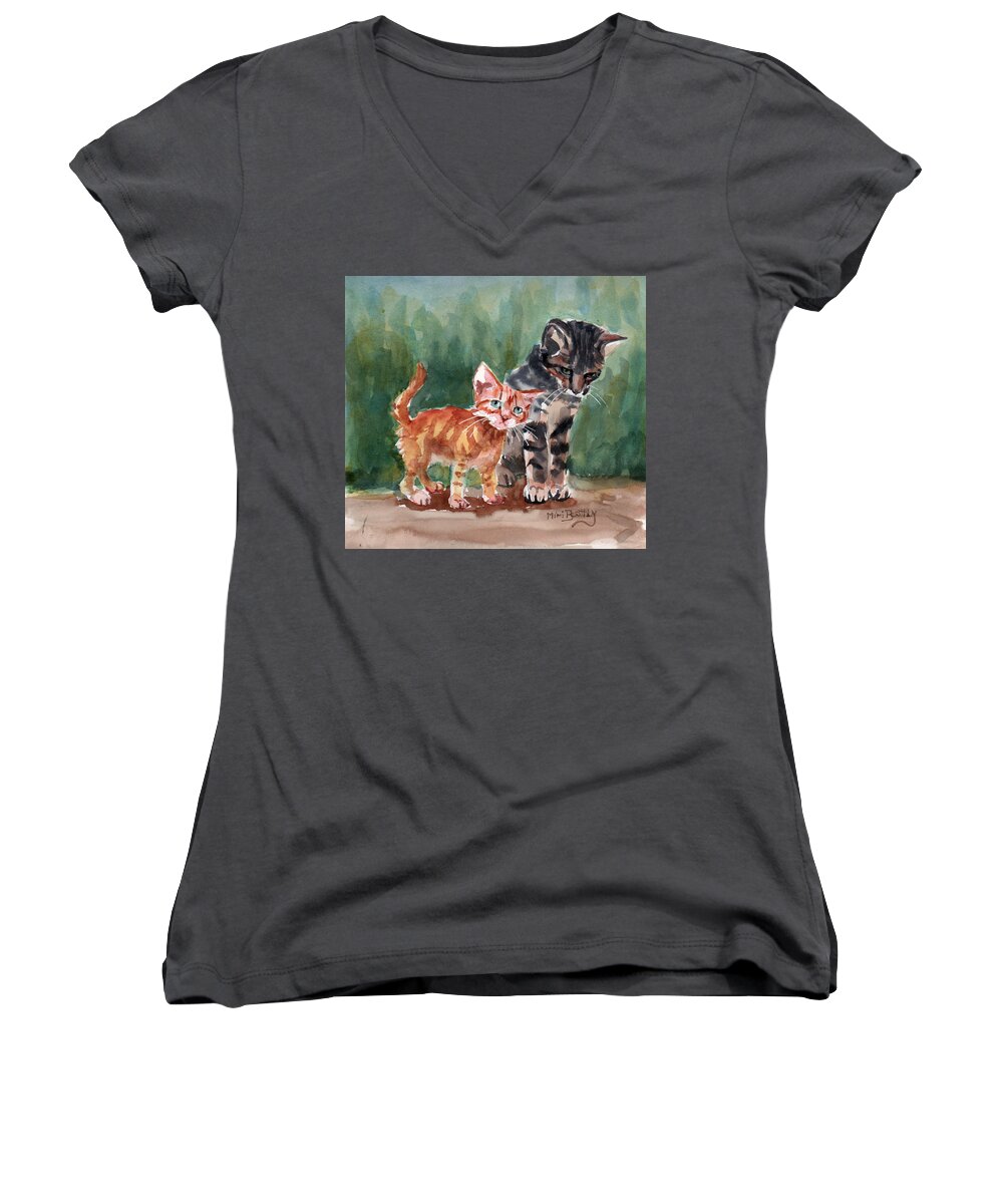 Red Tabby And Brown Tabby Kittens Aleppo Syria Women's V-Neck featuring the painting Kittens by Mimi Boothby