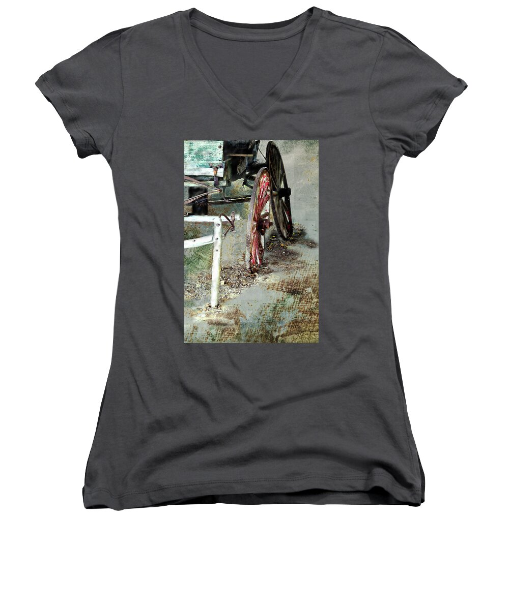 Wagon Women's V-Neck featuring the digital art Last Year's Buggy by Linda Cox