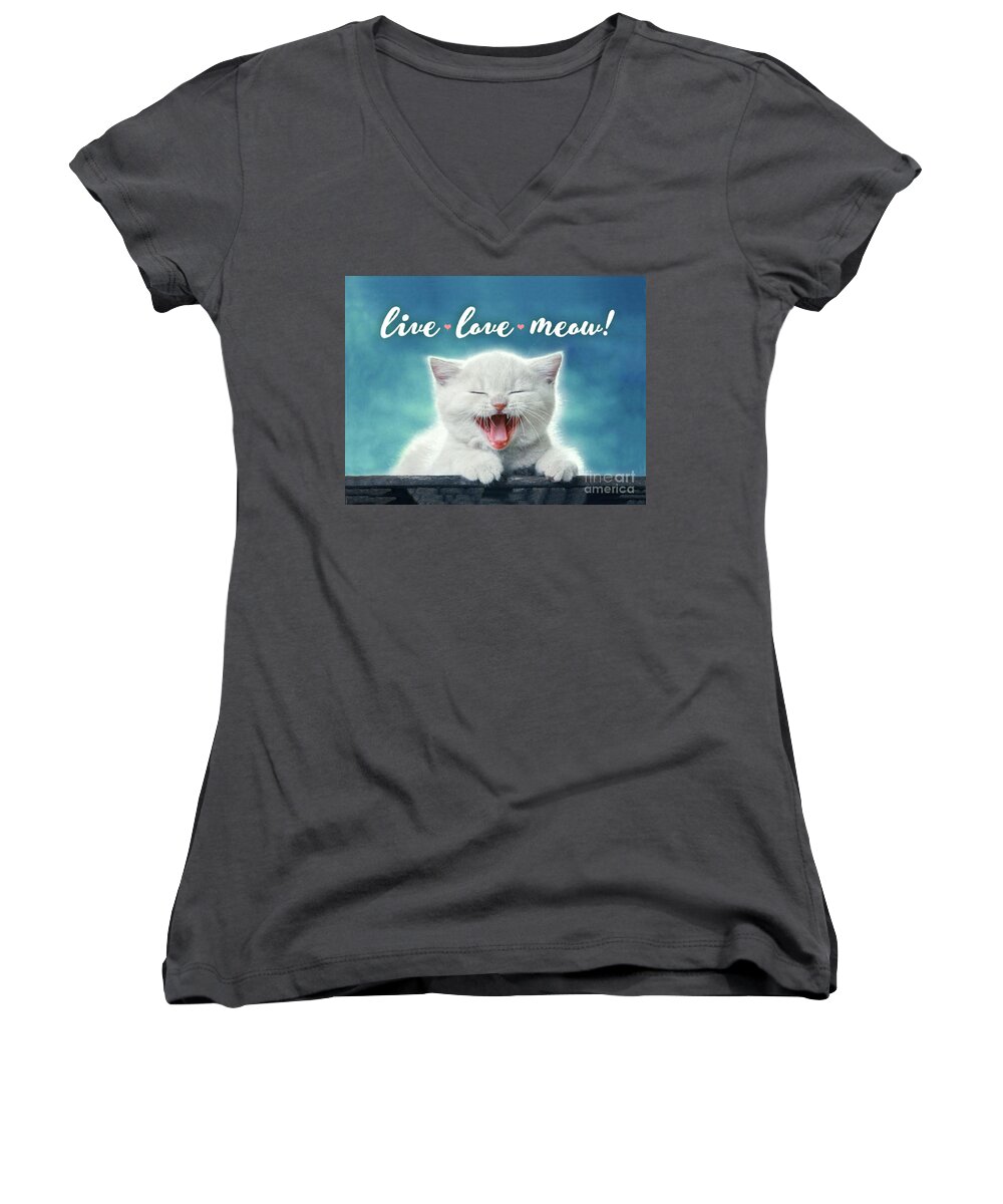 Cat Women's V-Neck featuring the digital art Live Love Meow blue by Evie Cook