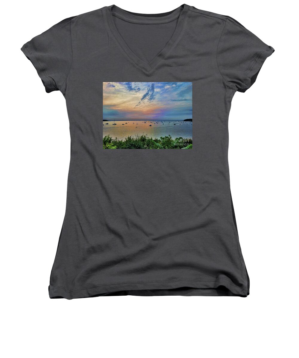 Glen Cove Women's V-Neck featuring the photograph Long Island Sound from Glen Cove by Jeff Breiman