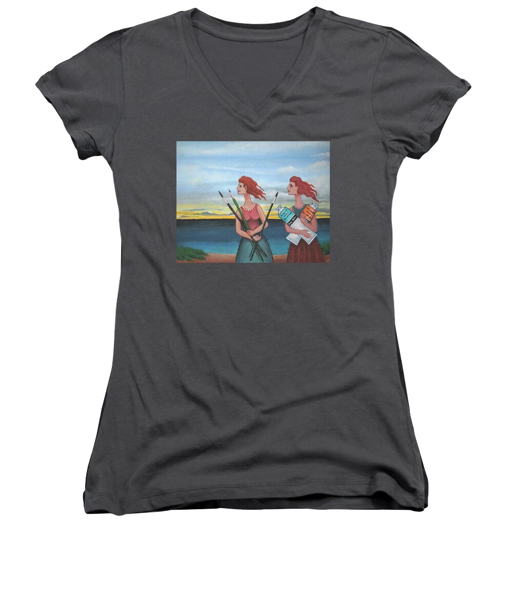 Painting Women's V-Neck featuring the painting Long Neck Sisters take a Painting Class at Longnook Beach by James RODERICK